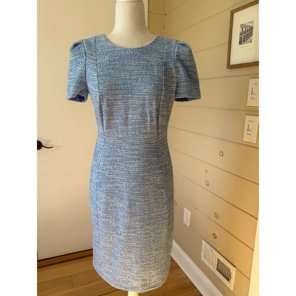 Calvin Klein Sheath Dress Blue White Tweed Puff Sleeve Size 6 Professional